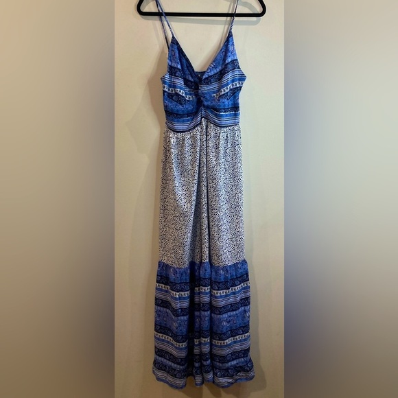 JAPNA Sz L Ruffle Hem Tiered Criss Cross Peep Bodice Spaghetti Straps Maxi Dress - Picture 2 of 12